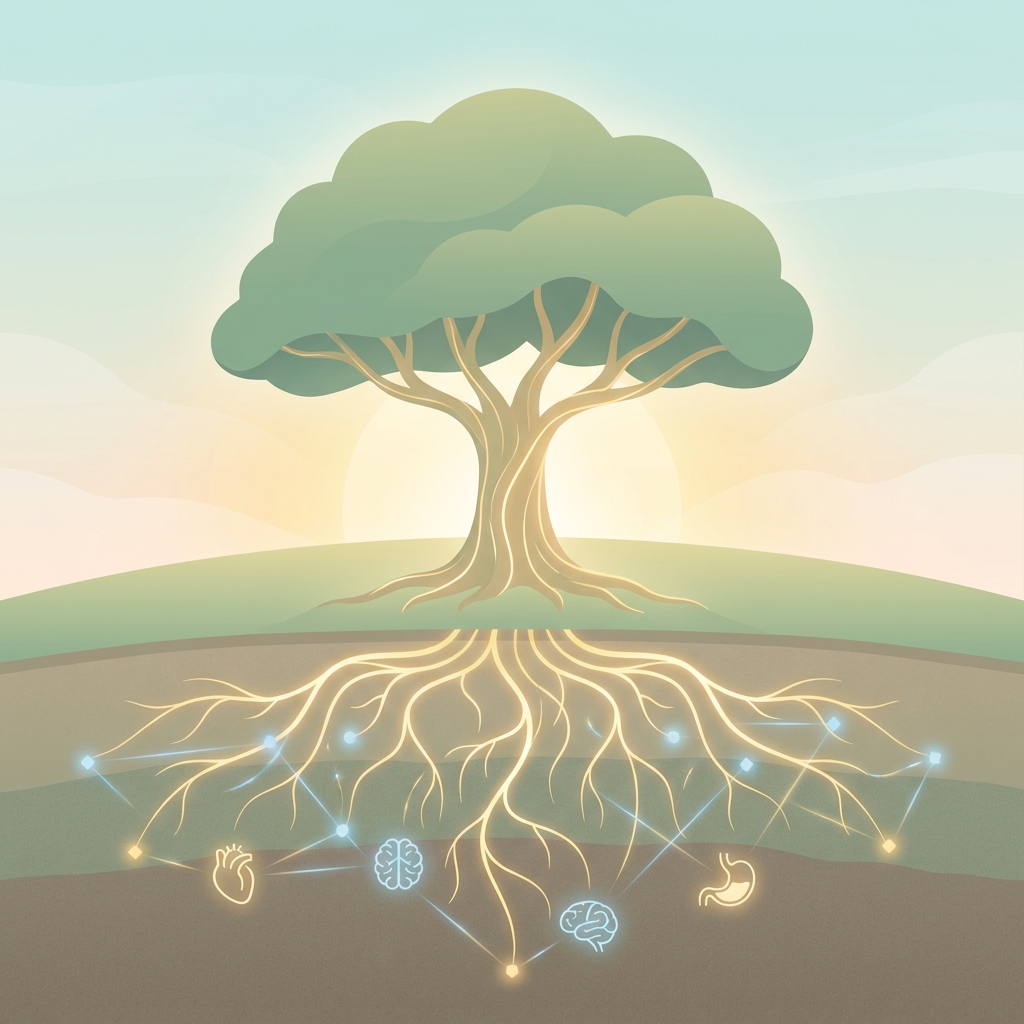 Illustration of a tree with glowing roots symbolizing root integrative medicine