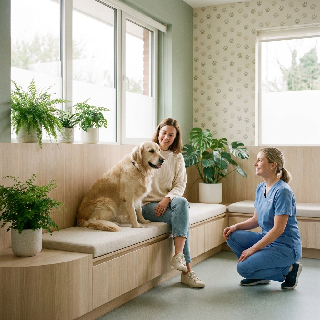 Calm dog and owner in welcoming clinic, representing Animal Medical Professionals of Ooltewah