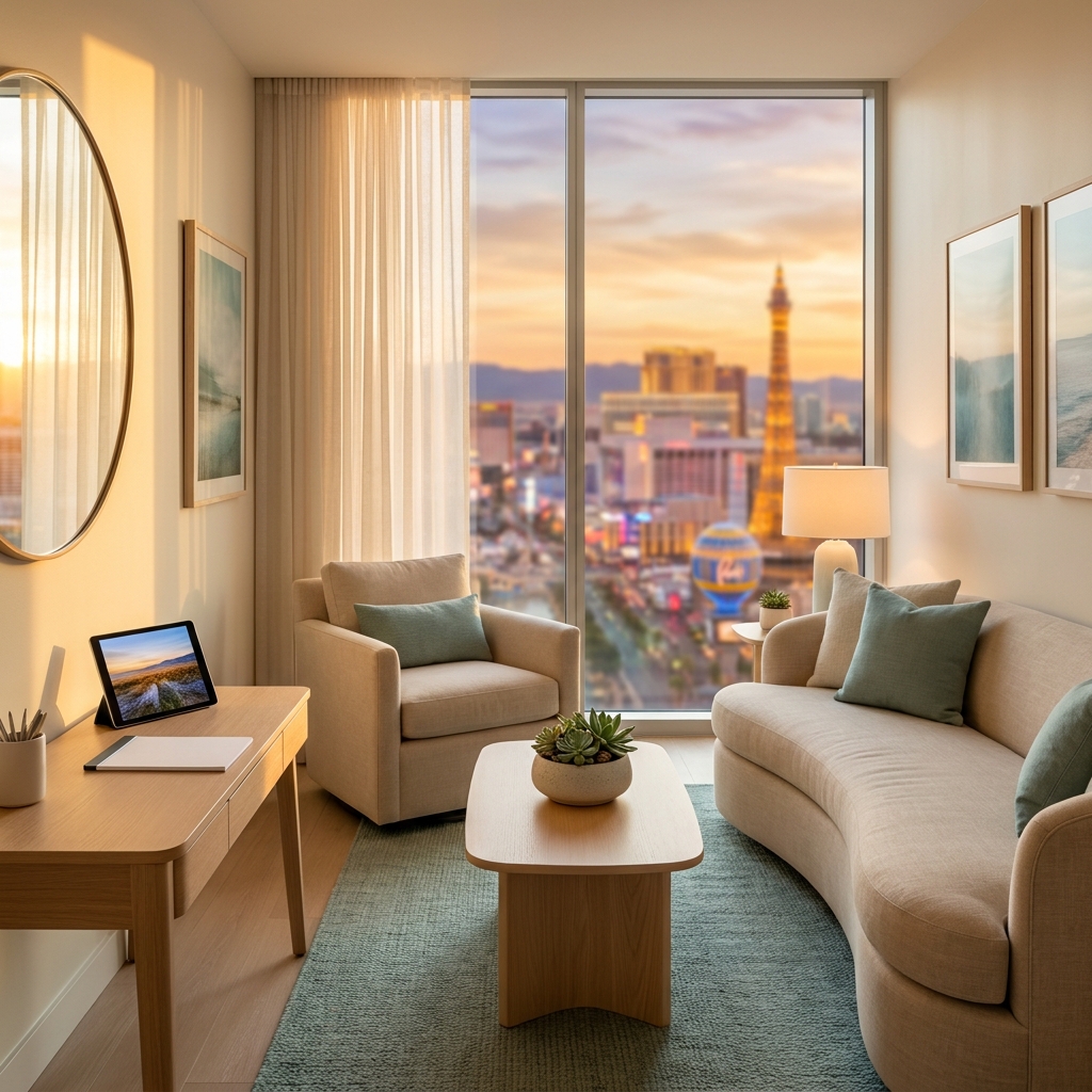 Modern integrative medicine Las Vegas consultation room with skyline view