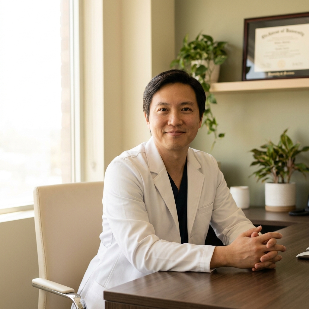 Doctor of integrative medicine consulting calmly with a patient in a modern office