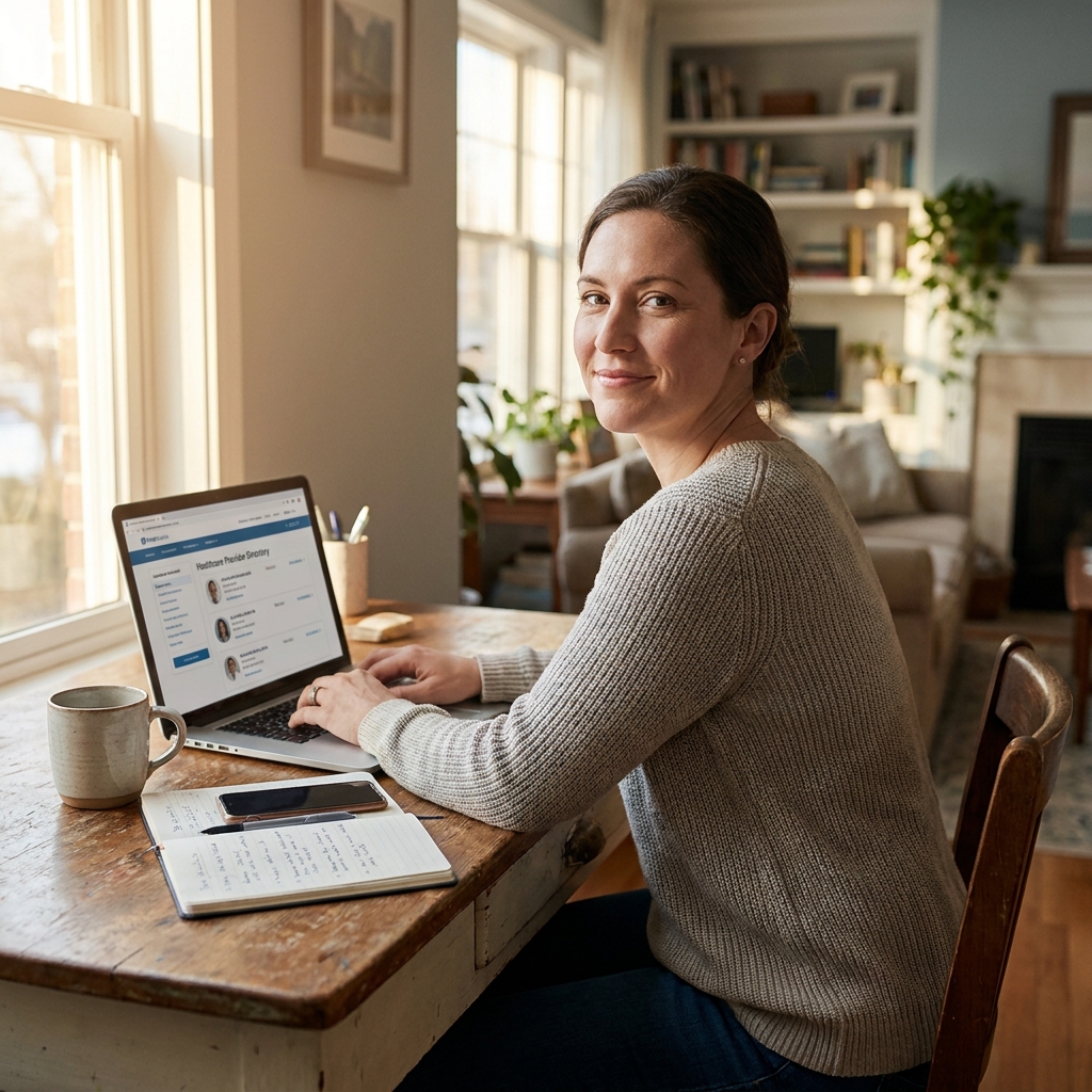 Person confidently researching healthcare providers near me on a laptop at home