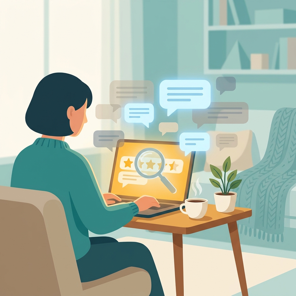Illustration of a person evaluating doctor reviews by patients on a laptop screen