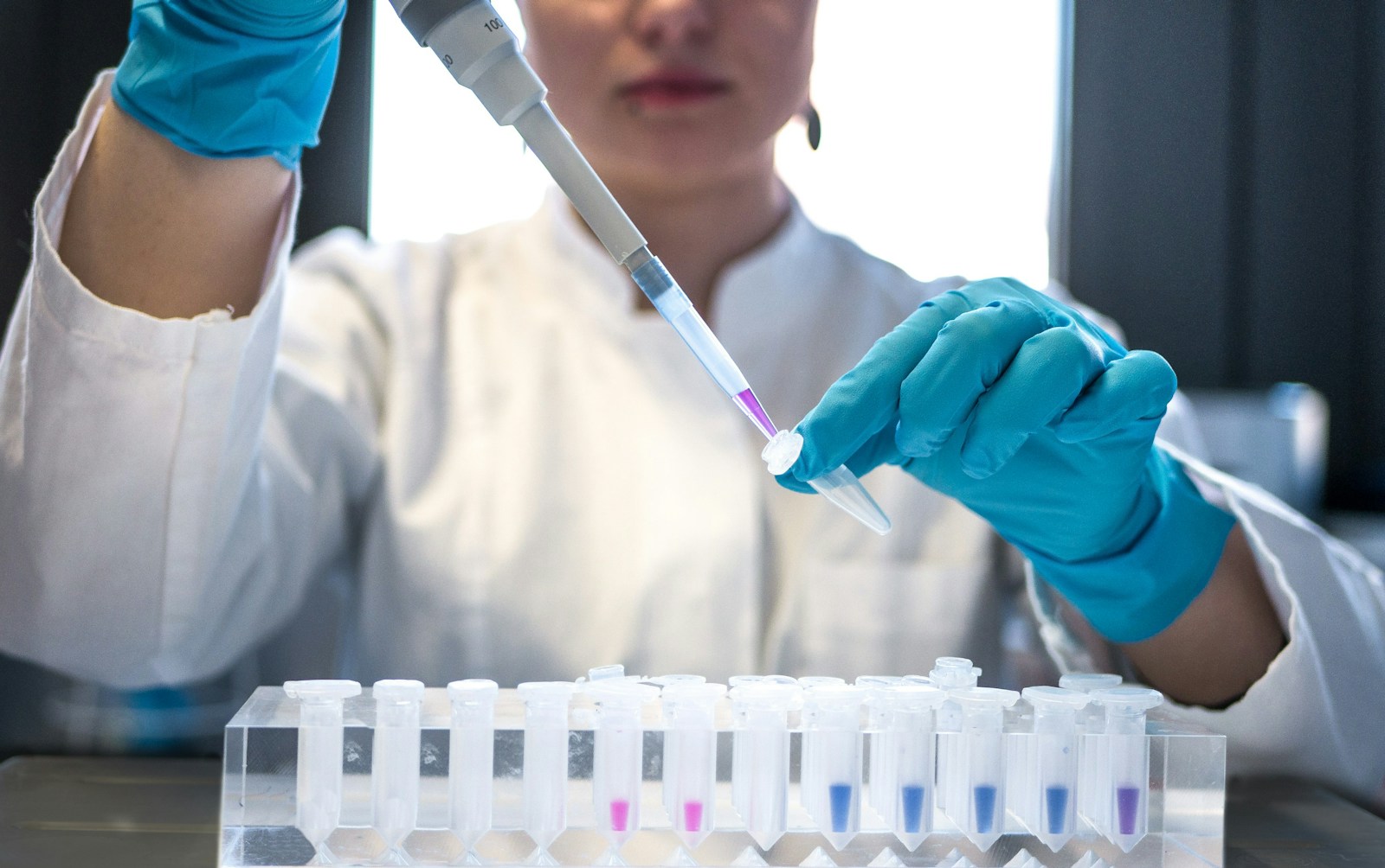 Scientist using a pipette with test tubes during preclinical research in a laboratory